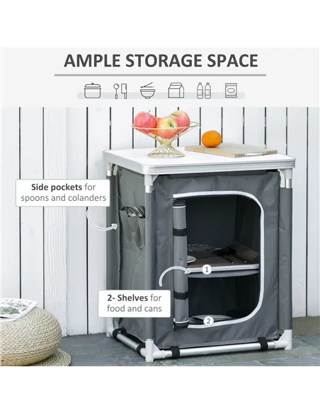 Outsunny 2-Shelf Camping Cupboard Camping Kitchen Station Cook Table Aluminum, Storage Organiser for BBQ Party Picnics Backyards