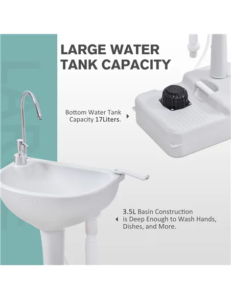 Outsunny 17L Camping Portable Handwash Sink w/ Towel Holder & Soap Dispenser Rolling Wheels Outdoor Drainage Equipment
