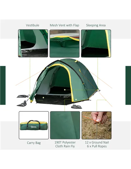 Outsunny Dome Tent for 2 Person Camping Tent with Large Windows, Waterproof Green and Yellow