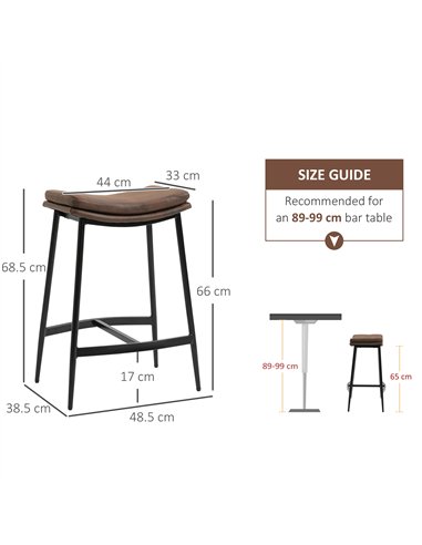 HOMCOM Breakfast Bar Stools Set of 2, Microfibre Upholstered Barstools, Industrial Bar Chairs with Curved Seat and Steel Frame f