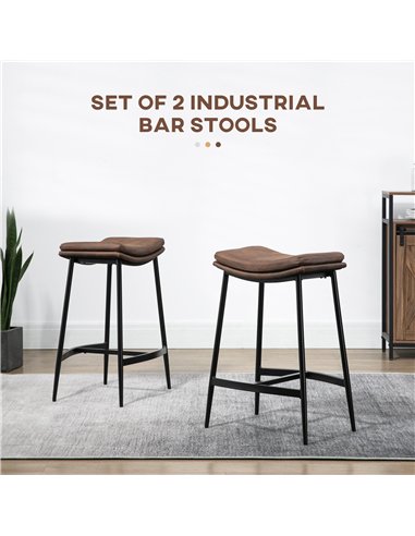 HOMCOM Breakfast Bar Stools Set of 2, Microfibre Upholstered Barstools, Industrial Bar Chairs with Curved Seat and Steel Frame f