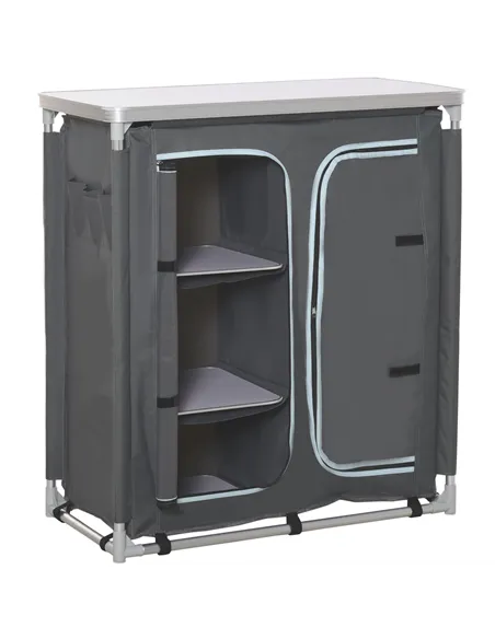 Outsunny Aluminum Camping Cupboard, Camping Kitchen Station Cook Table with 3-Shelf, Storage Organiser for BBQ Party Picnic