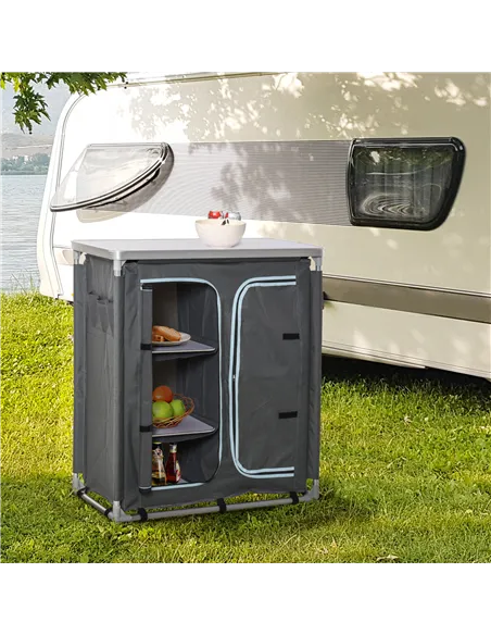Outsunny Aluminum Camping Cupboard, Camping Kitchen Station Cook Table with 3-Shelf, Storage Organiser for BBQ Party Picnic