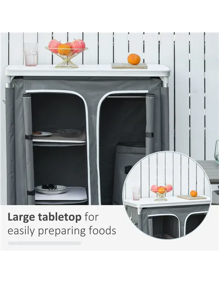 Outsunny Aluminum Camping Cupboard, Camping Kitchen Station Cook Table with 3-Shelf, Storage Organiser for BBQ Party Picnic