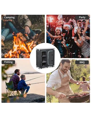 Outsunny Aluminum Camping Cupboard, Camping Kitchen Station Cook Table with 3-Shelf, Storage Organiser for BBQ Party Picnic