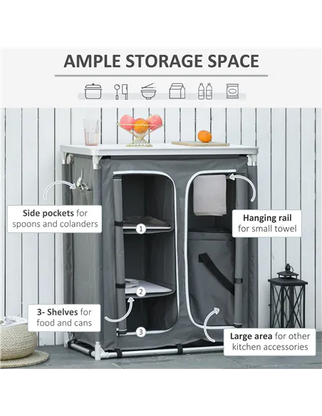Outsunny Aluminum Camping Cupboard, Camping Kitchen Station Cook Table with 3-Shelf, Storage Organiser for BBQ Party Picnic