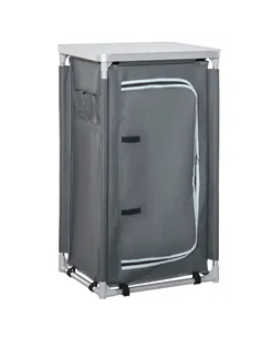 Outsunny 3-Shelf Camping Cupboard Camping Kitchen Station Cook Table, Storage Organiser for BBQ Party Picnics Backyards with Car