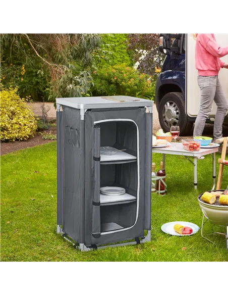 Outsunny 3-Shelf Camping Cupboard Camping Kitchen Station Cook Table, Storage Organiser for BBQ Party Picnics Backyards with Car