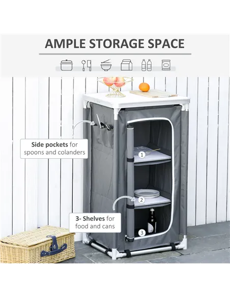 Outsunny 3-Shelf Camping Cupboard Camping Kitchen Station Cook Table, Storage Organiser for BBQ Party Picnics Backyards with Car