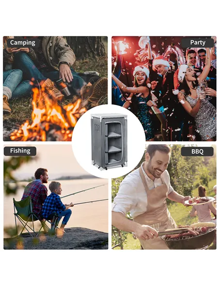 Outsunny 3-Shelf Camping Cupboard Camping Kitchen Station Cook Table, Storage Organiser for BBQ Party Picnics Backyards with Car
