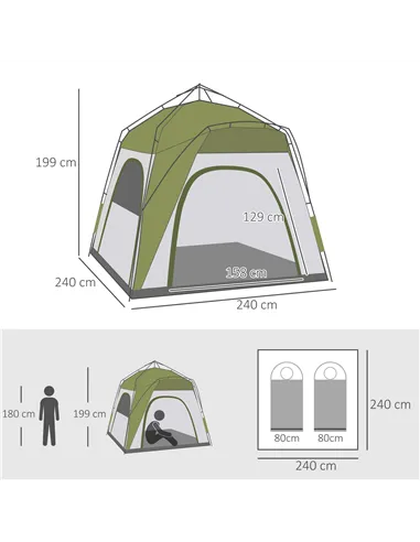 Outsunny Instant Pop Up Camping Tent, 4 Man Dome Tent with 4 Doors, Sewn-in Groundsheet, Carry Bag and Top Hook for Fishing Hiki