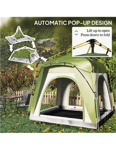 Outsunny Instant Pop Up Camping Tent, 4 Man Dome Tent with 4 Doors, Sewn-in Groundsheet, Carry Bag and Top Hook for Fishing Hiki