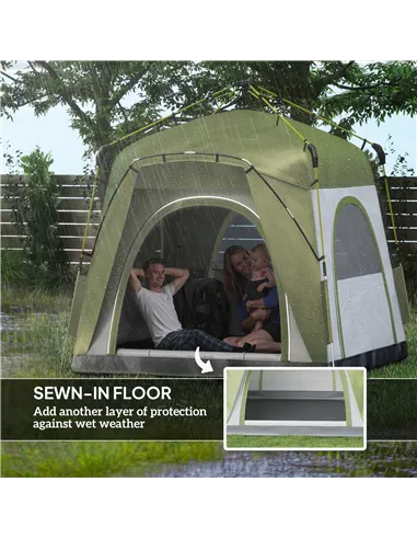 Outsunny Instant Pop Up Camping Tent, 4 Man Dome Tent with 4 Doors, Sewn-in Groundsheet, Carry Bag and Top Hook for Fishing Hiki