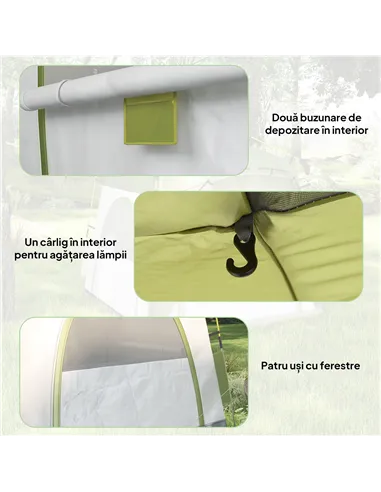 Outsunny Instant Pop Up Camping Tent, 4 Man Dome Tent with 4 Doors, Sewn-in Groundsheet, Carry Bag and Top Hook for Fishing Hiki