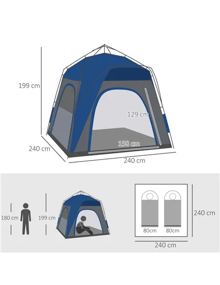 Outsunny Instant Pop Up Camping Tent, 4 Man Dome Tent with 4 Doors, Sewn-in Groundsheet, Carry Bag and Top Hook for Fishing Hiki