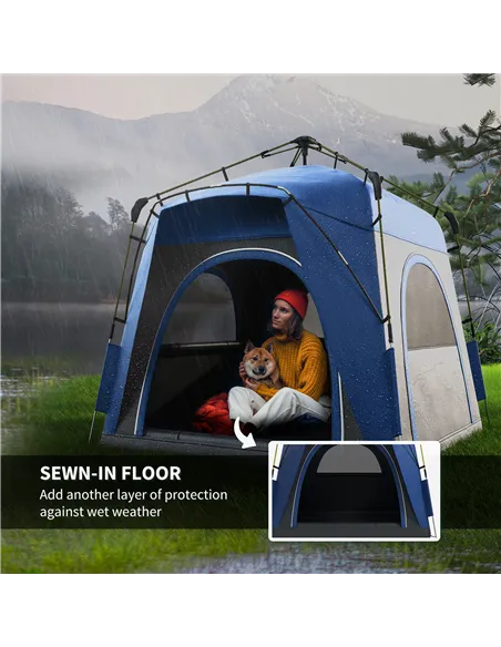 Outsunny Instant Pop Up Camping Tent, 4 Man Dome Tent with 4 Doors, Sewn-in Groundsheet, Carry Bag and Top Hook for Fishing Hiki