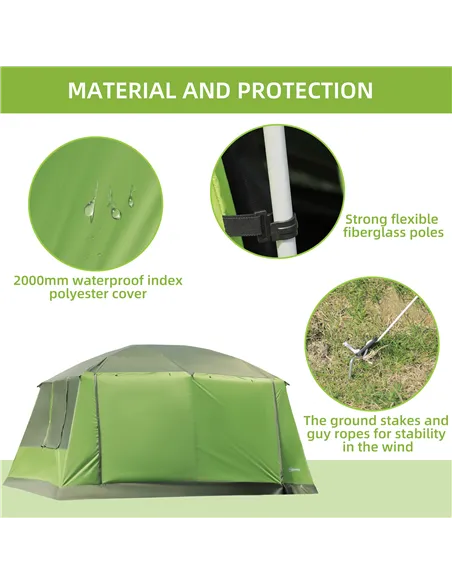 Outsunny Tunnel Tent Camping Shelter w/ Porch, Two Rooms, Lamp Hook, Portable Carry Bag