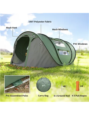Outsunny 4 Person Pop-up Camping Tent Family Tent with Ground Sheet, 4 Windows and Portable Carry Bag for Beach Outdoor Trip, Da