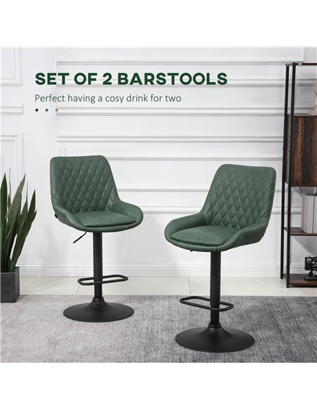 HOMCOM Retro Bar Stools Set of 2, Adjustable Kitchen Stool, Upholstered Bar Chairs with Back, Swivel Seat, Green