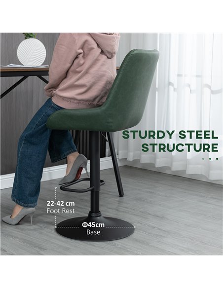 HOMCOM Retro Bar Stools Set of 2, Adjustable Kitchen Stool, Upholstered Bar Chairs with Back, Swivel Seat, Green