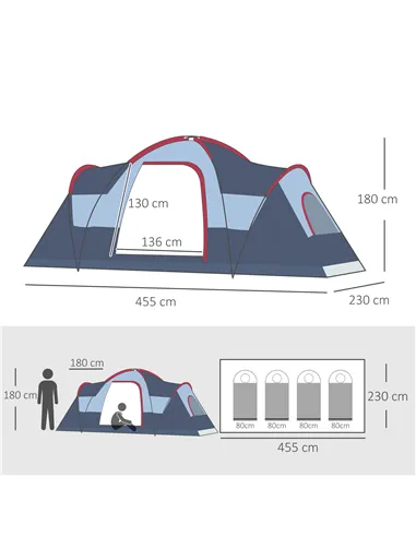 Outsunny Fibreglass & Steel Frame 5/6 Person Lightweight Camping Tent Blue