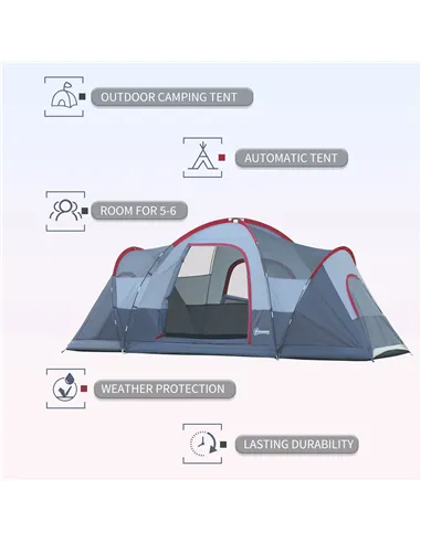 Outsunny Fibreglass & Steel Frame 5/6 Person Lightweight Camping Tent Blue