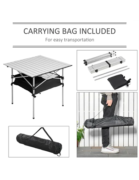 Outsunny Portable Camping Table w/ Mesh Bag & Steel Frame Hiking Furniture Desk, Silver Black