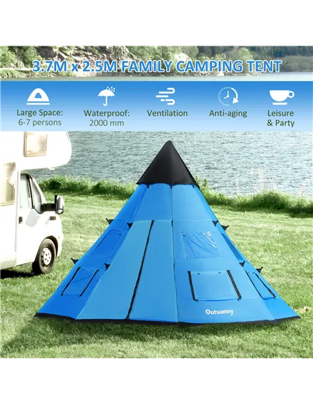 Outsunny 6 Men Tipi Tent with Carry Bag - Blue
