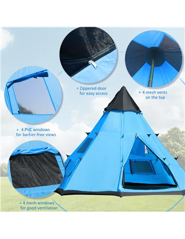 Outsunny 6 Men Tipi Tent with Carry Bag - Blue