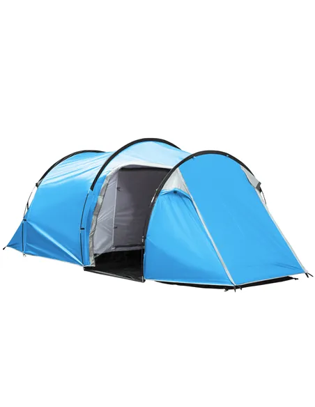 Outsunny 2-3 Man Tunnel Tent with Vestibule, Weather-Resistant Camping Tent with Air Vents for Fishing Hiking, Light Blue & Grey