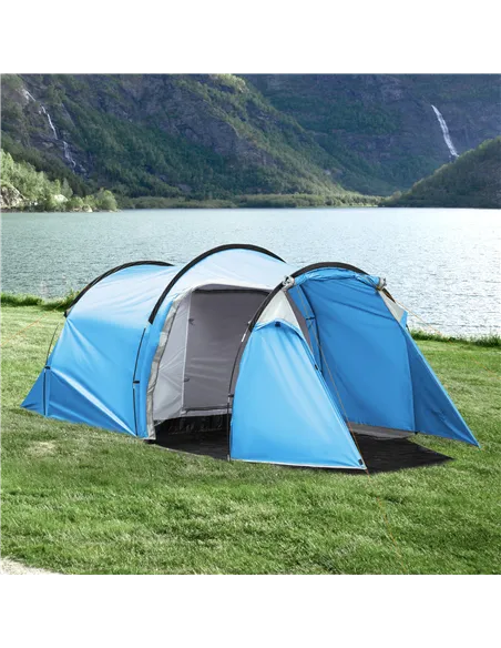 Outsunny 2-3 Man Tunnel Tent with Vestibule, Weather-Resistant Camping Tent with Air Vents for Fishing Hiking, Light Blue & Grey