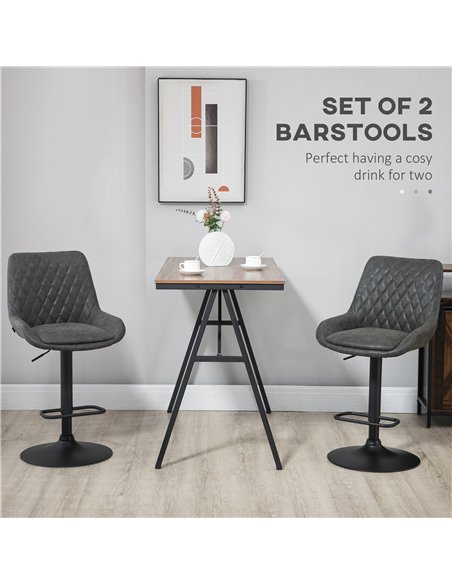 HOMCOM Retro Bar Stools Set of 2, Adjustable Kitchen Stool, Upholstered Bar Chairs with Back, Swivel Seat, Dark Grey