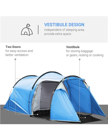 Outsunny 2-3 Man Tunnel Tent with Vestibule, Weather-Resistant Camping Tent with Air Vents for Fishing Hiking, Light Blue & Grey
