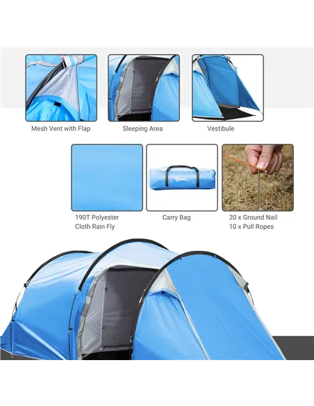 Outsunny 2-3 Man Tunnel Tent with Vestibule, Weather-Resistant Camping Tent with Air Vents for Fishing Hiking, Light Blue & Grey