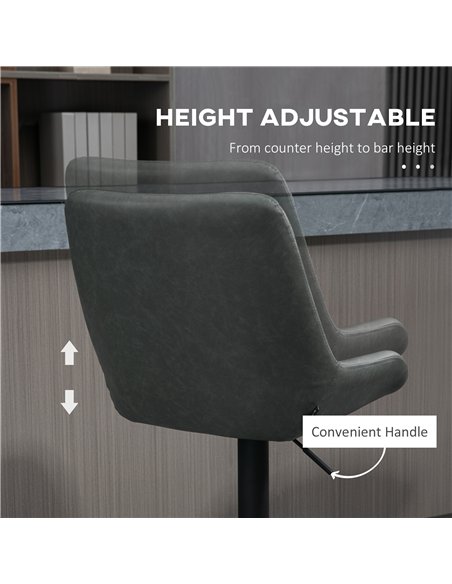 HOMCOM Retro Bar Stools Set of 2, Adjustable Kitchen Stool, Upholstered Bar Chairs with Back, Swivel Seat, Dark Grey