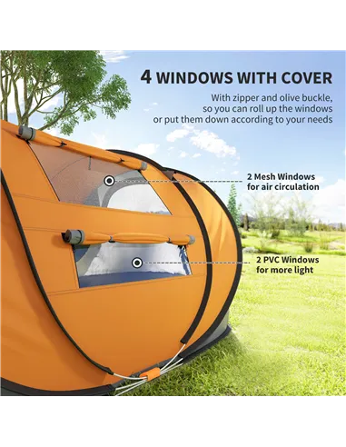 Outsunny 4 Person Pop-up Camping Tent Family Tent with Ground Sheet, 4 Windows and Portable Carry Bag for Beach Outdoor Trip, Or