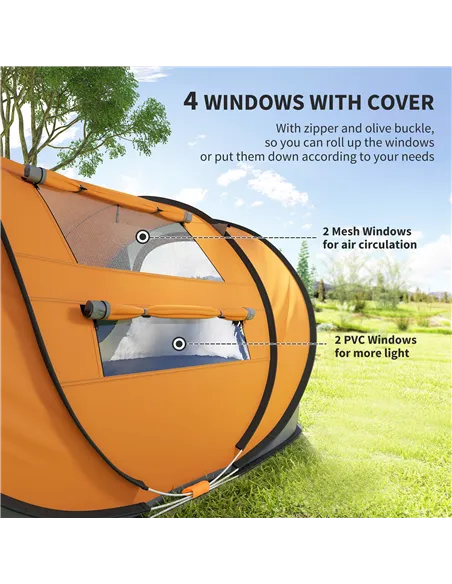 Outsunny 4 Person Pop-up Camping Tent Family Tent with Ground Sheet, 4 Windows and Portable Carry Bag for Beach Outdoor Trip, Or