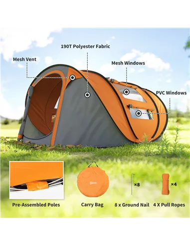 Outsunny 4 Person Pop-up Camping Tent Family Tent with Ground Sheet, 4 Windows and Portable Carry Bag for Beach Outdoor Trip, Or