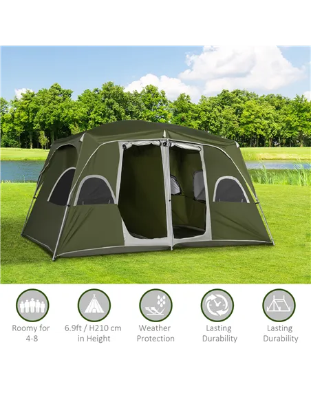 Outsunny Camping Tent, Family Tent 4-8 Person 2 Room, with Large Mesh Windows, Easy Set Up for Backpacking Hiking Outdoor, Green