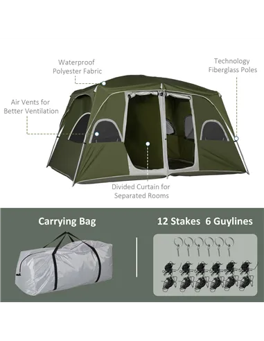 Outsunny Camping Tent, Family Tent 4-8 Person 2 Room, with Large Mesh Windows, Easy Set Up for Backpacking Hiking Outdoor, Green