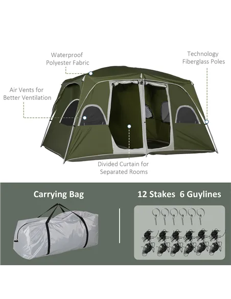Outsunny Camping Tent, Family Tent 4-8 Person 2 Room, with Large Mesh Windows, Easy Set Up for Backpacking Hiking Outdoor, Green