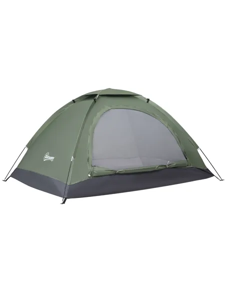 Outsunny 2 Person Camping Tent, Camouflage Tent with Zipped Doors, Storage Pocket, Portable Handy Bag, Dark Green