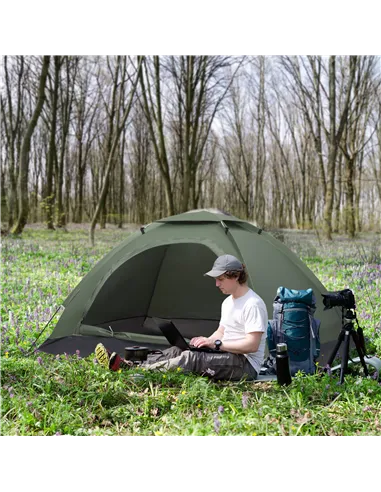 Outsunny 2 Person Camping Tent, Camouflage Tent with Zipped Doors, Storage Pocket, Portable Handy Bag, Dark Green