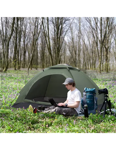 Outsunny 2 Person Camping Tent, Camouflage Tent with Zipped Doors, Storage Pocket, Portable Handy Bag, Dark Green
