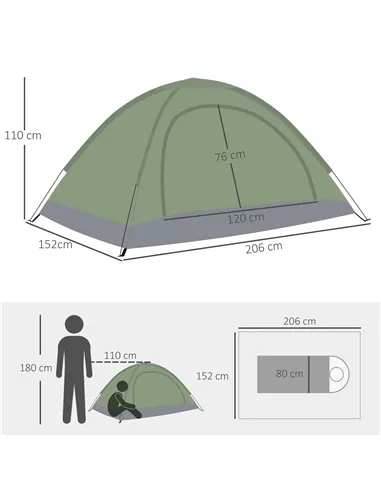 Outsunny 2 Person Camping Tent, Camouflage Tent with Zipped Doors, Storage Pocket, Portable Handy Bag, Dark Green