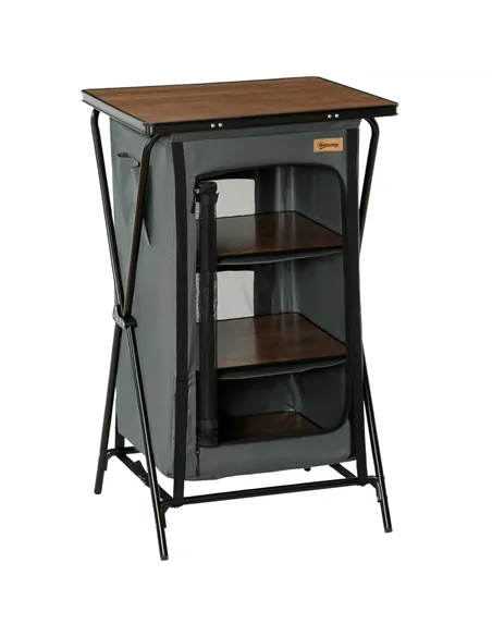 Outsunny Camping Cupboard, Aluminium Foldable Camping Kitchen Station Cook Table with Storage Shelves and Carrying Bag for BBQ P