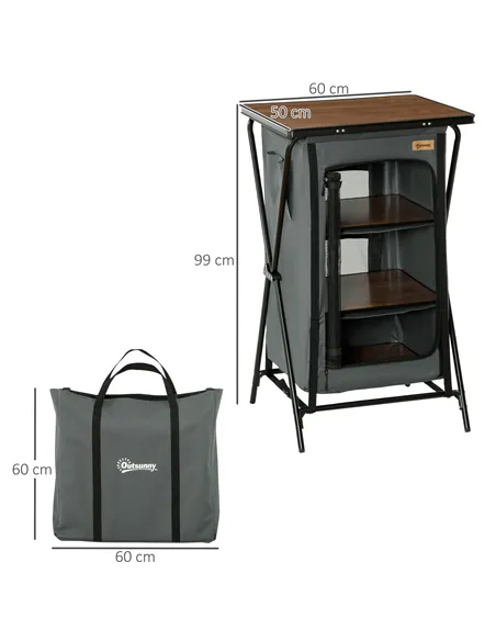 Outsunny Camping Cupboard, Aluminium Foldable Camping Kitchen Station Cook Table with Storage Shelves and Carrying Bag for BBQ P