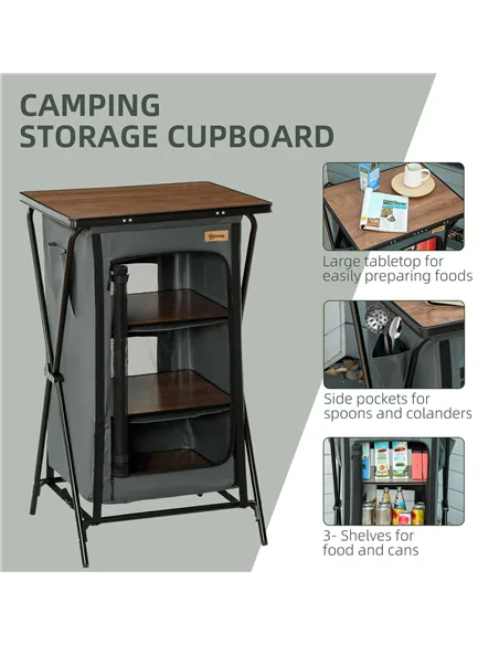 Outsunny Camping Cupboard, Aluminium Foldable Camping Kitchen Station Cook Table with Storage Shelves and Carrying Bag for BBQ P