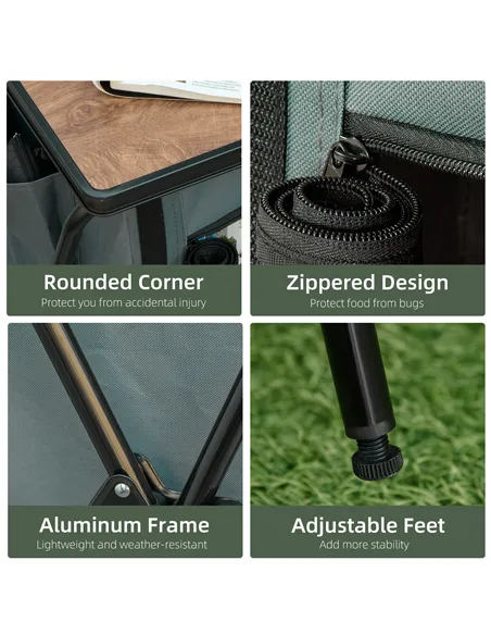 Outsunny Camping Cupboard, Aluminium Foldable Camping Kitchen Station Cook Table with Storage Shelves and Carrying Bag for BBQ P