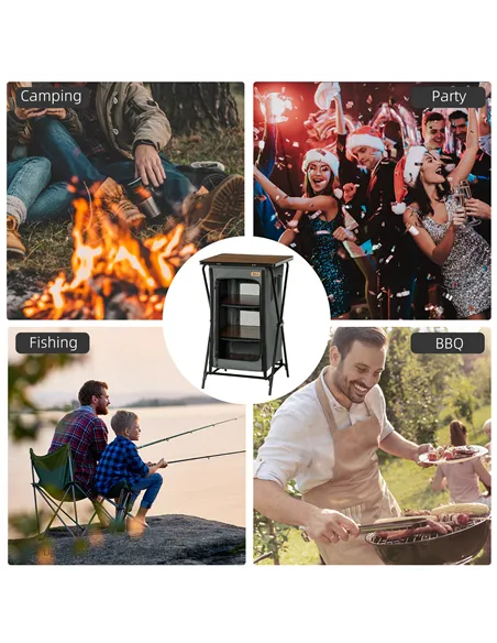 Outsunny Camping Cupboard, Aluminium Foldable Camping Kitchen Station Cook Table with Storage Shelves and Carrying Bag for BBQ P